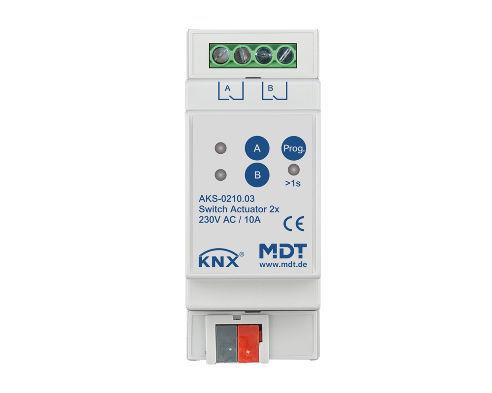 KNX Switch Actuator 2-fold, 2SU MDRC, 10 A, 230 V AC, C-load, standard, 140 μF