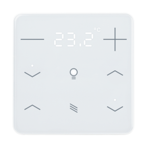 [71190] KNX Termostat, eTr 208, 6 knappar för temp/jalusi/belysning/display, glas, vit