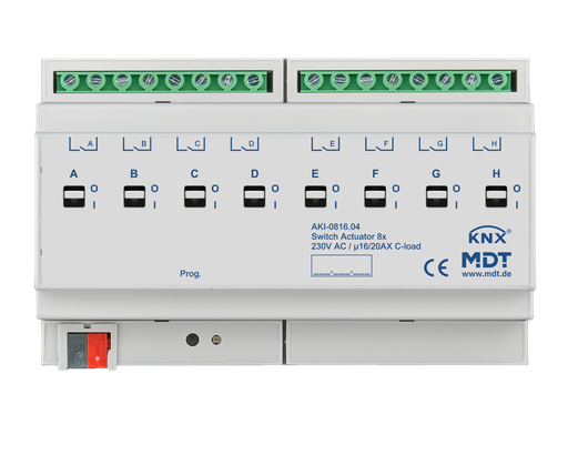 [AKI-0816.04] KNX Switch Actuator 8-fold, 8SU MDRC, 16/20 A, 230 V AC, C-load, industrie, 200 μF