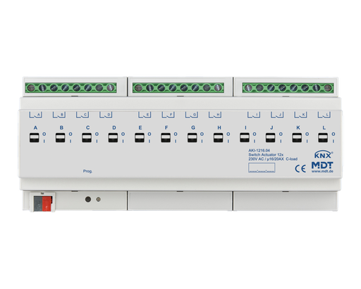 [AKI-1216.04] KNX Switch Actuator 12-fold, 12SU MDRC, 16/20 A, 230 V AC, C-load, industrie, 200 μF
