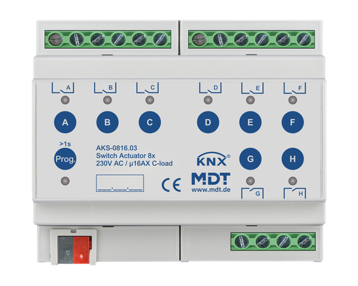 [AKS-0816.03] KNX Switch Actuator 8-fold, 6SU MDRC, 16 A, 230 V AC, C-load, standard, 140 μF