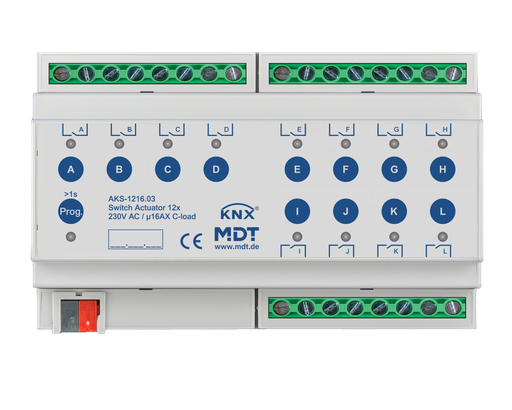 [AKS-1216.03] KNX Switch Actuator 12-fold, 8SU MDRC, 16 A, 230 V AC, C-load, standard, 140 μF