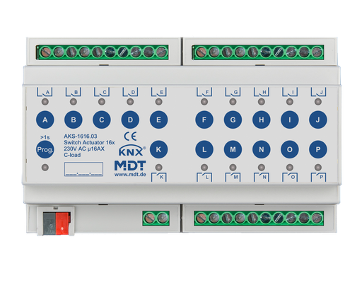 [AKS-1616.03] KNX Switch Actuator 16-fold, 8SU MDRC, 16 A, 230 V AC, C-load, standard, 140 µF