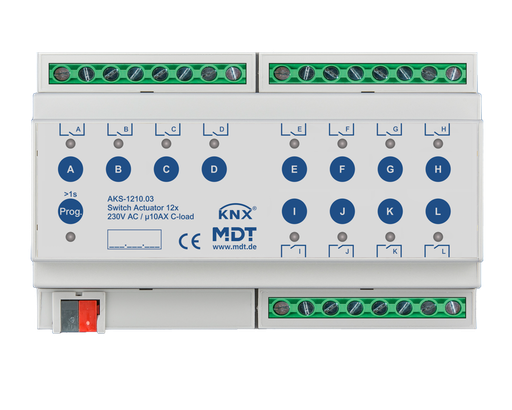 [AKS-1210.03] KNX Switch Actuator 12-fold, 8SU MDRC, 10 A, 230 V AC, C-load, standard, 140 μF