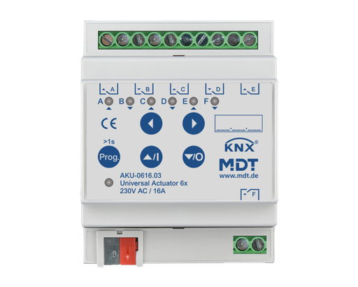 [AKU-0616.03] KNX Universal Actuator 6-fold, 4SU MDRC, 16 A, 230 V AC, 100 μF, 15 ECG