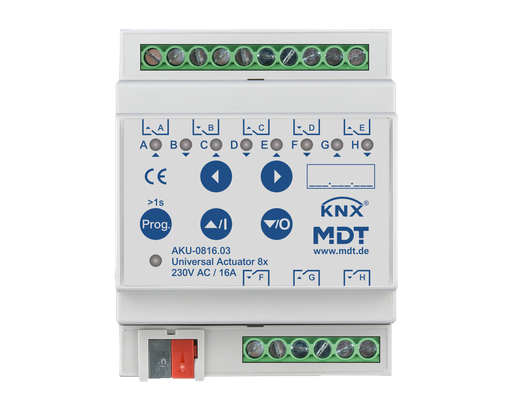 [AKU-0816.03] KNX Universal Actuator 8-fold, 4SU MDRC, 16 A, 230 V AC, 100 μF, 15 ECG