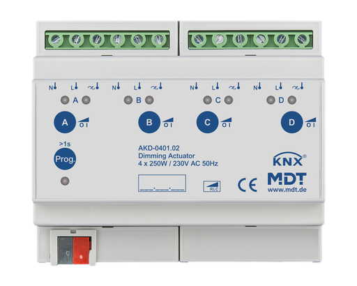[AKD-0401.02] KNX Dimming Actuator 4-fold, 6SU MDRC, 250 W, 230 V AC, with active power measurement