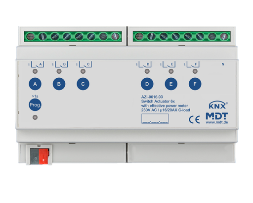 [AZI-0616.03] KNX Switch Actuator 6-fold, 8SU, MDRC, 16/20 A, 230 V AC, C-load, 200µF, power measurement