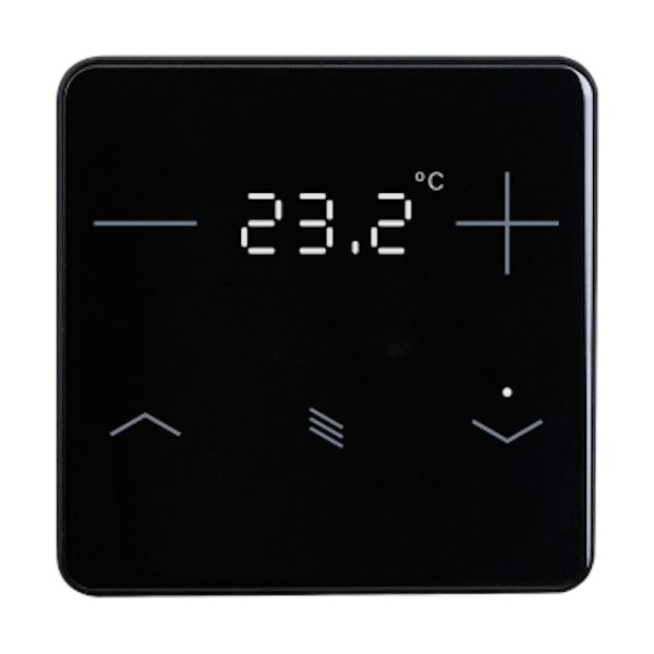 KNX Termostat, eTr 201, 4 knappar för temp/jalusi/display, glas, svart