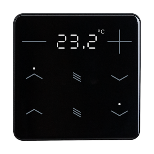 KNX Termostat, eTr 202, 6 knappar för temp/jalusi/display, glas, svart