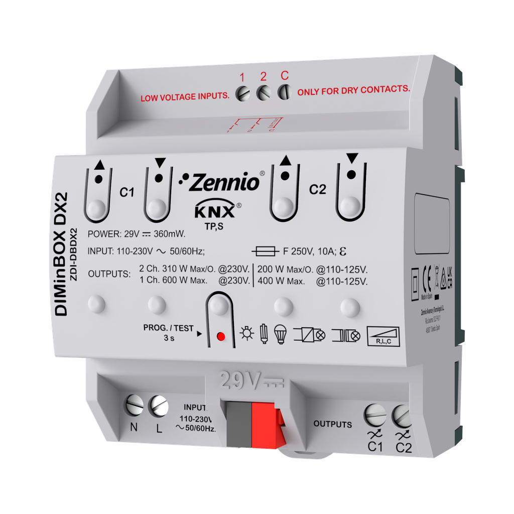 KNX Dimmeraktor universal, DIMinBox DX2, ut 2x 310W / 1x 600W