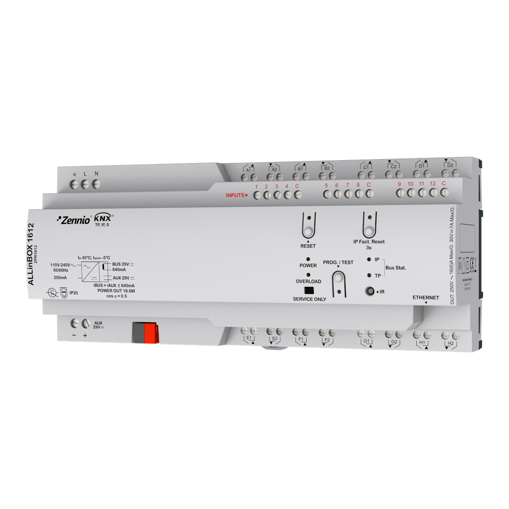 KNX Multifunktionsenhet, ALLinBOX 1612, 640mA, IP, 16x16A, 12xA/D