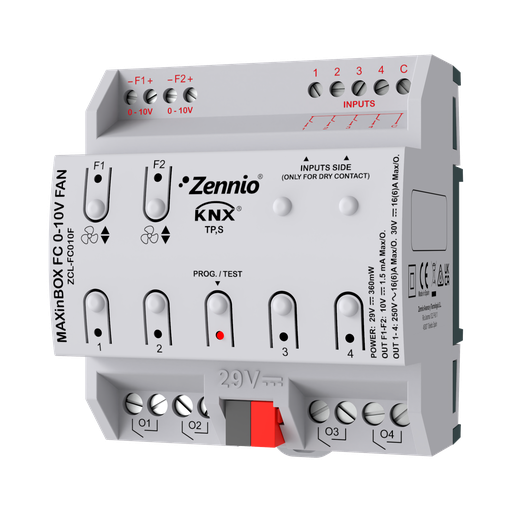 [ZCL-FC010F] KNX Fancoil-kontroller, MAXinBOX FC 0-10V FAN, 2/4-rörsenhet, ut 2x0-10V, 4x DI/A, 4x16A