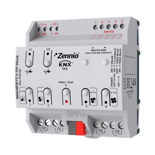 [ZCL-FC010V] KNX Fancoil-kontroller, MAXinBOX FC 0-10V VALVE, 2/4-rörsenhet, ut 2x0-10V, 4x DI/A, 4x16A
